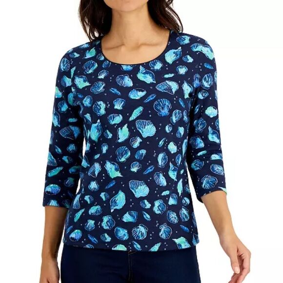 Karen Scott Shell-Print 3/4-Sleeve Top sz SP - Picture 1 of 13